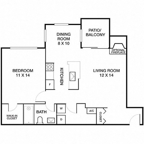 Floor plan for 1 bed, 1 bath, 715 sqft